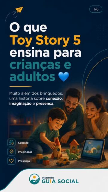 O brincar também educa.A partir de Toy Story 5, somos convidados a refletir sobre um tema cada vez mais presente nas famílias: o equilíbrio entre telas, infância e convivência.A tecnologia faz parte da vida, mas não substitui o afeto, a escuta, a imaginação, o brincar livre e o tempo compartilhado.Quando uma criança brinca, ela desenvolve linguagem, criatividade, autonomia, emoções e vínculos. Quando um adulto se faz presente, ele comunica algo essencial: você importa.Mais do que falar sobre brinquedos, essa reflexão é sobre presença, cuidado e desenvolvimento infantil.Porque nenhuma tecnologia substitui uma infância vivida com afeto, imaginação e presença.O filme chega aos cinemas brasileiros no dia 18 de julho.#InstitutoGuiaSocial #ToyStory5 #Infância #Brincar #Família DesenvolvimentoInfantil Educação Recife