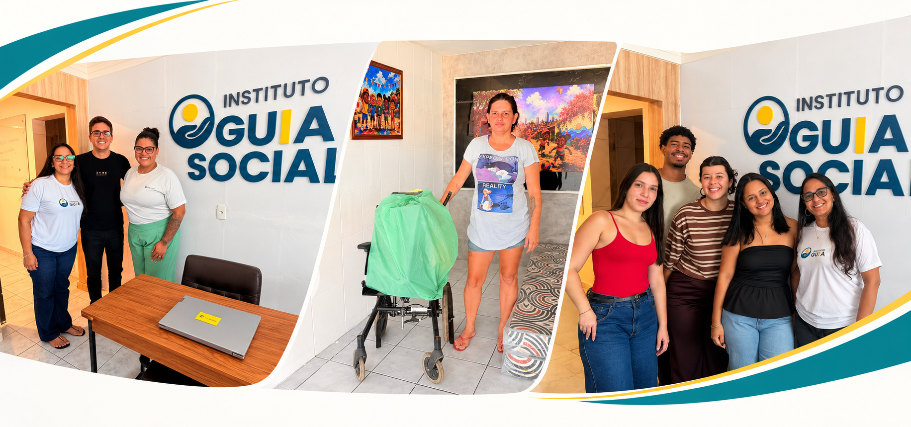 Montagem institucional do Instituto Guia Social com três fotografias reais que registram integrantes da equipe, visitantes e uma ação social com entrega de cadeira de rodas, destacando inclusão, acolhimento e compromisso social.
