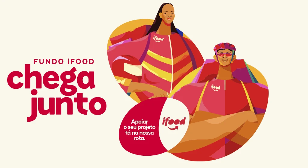 Arte oficial do Fundo iFood Chega Junto, com duas pessoas entregadoras em ilustração nas cores do programa